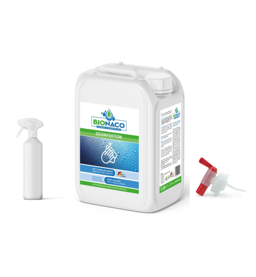 BioNaco Komplettset Hygiene und Desinfektionsmittel mit 5 Liter Kanister, Auslaufhahn und 500ml Sprayflasche Leergebinde